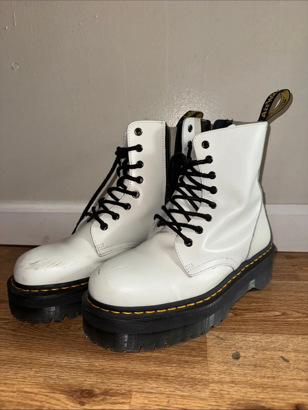 Dr. Martens White Platform Lace-Up Boots with Black Laces